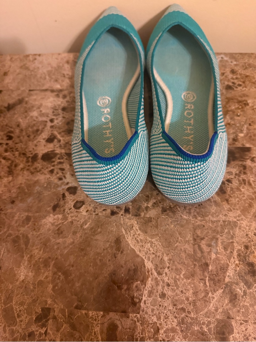 Rothy's Teal and White Pointed navy trim Knit Flats - Picture 3 of 5